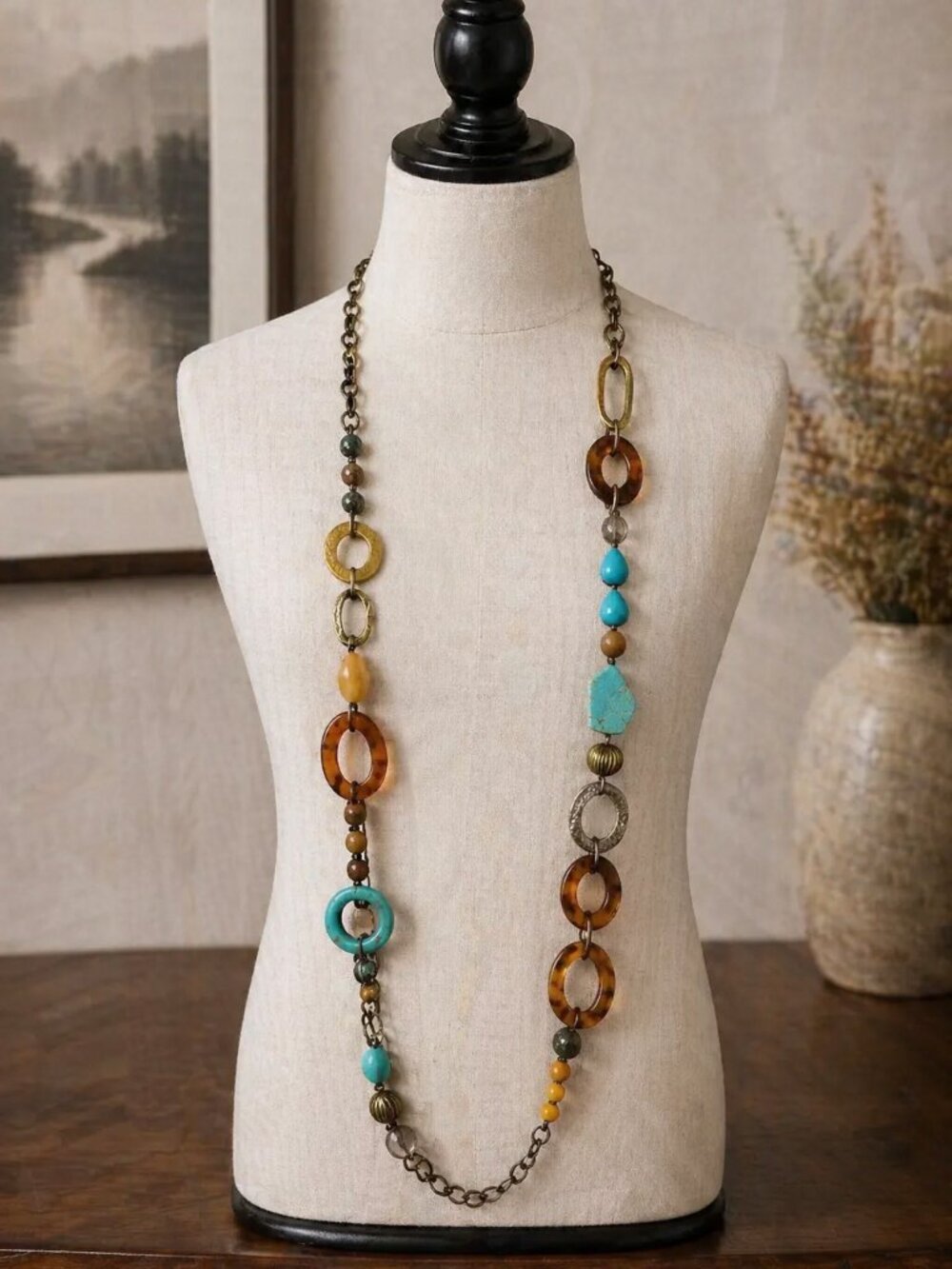 Boho Brass Acrylic Wood Stones Beaded Long Necklace - NEW - Picture 2 of 4